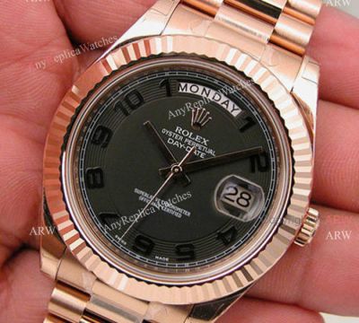 Replica Rolex Day-Date II Watch Black Arabic Dial Rose gold
